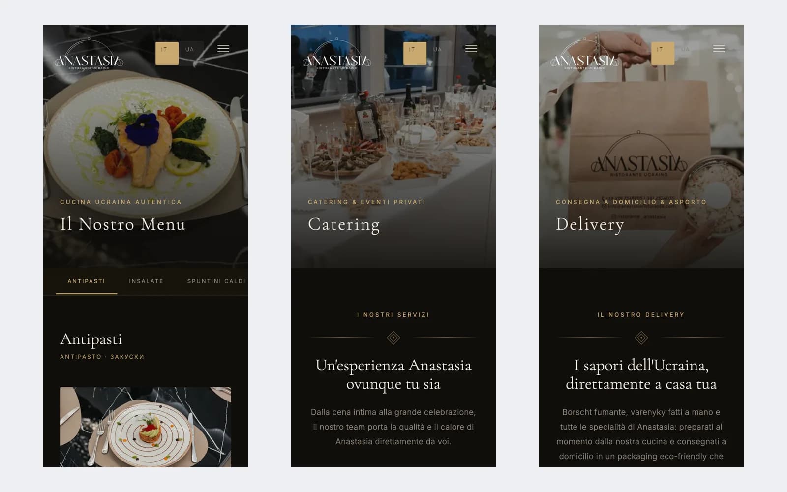 Sito Anastasia — pagine interne mobile: menù, catering, delivery
