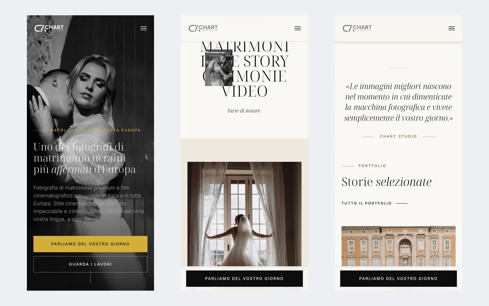Chart Studio — versione mobile, tre schermate