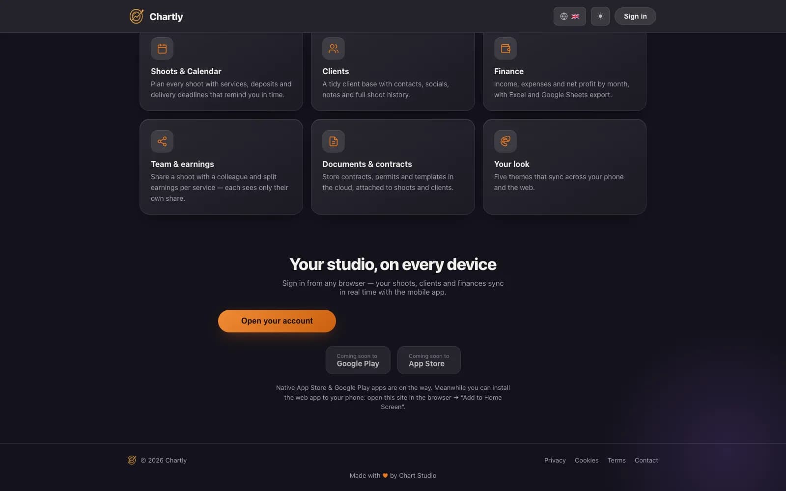 Chartly — funzioni del CRM: agenda, clienti, finanze, documenti