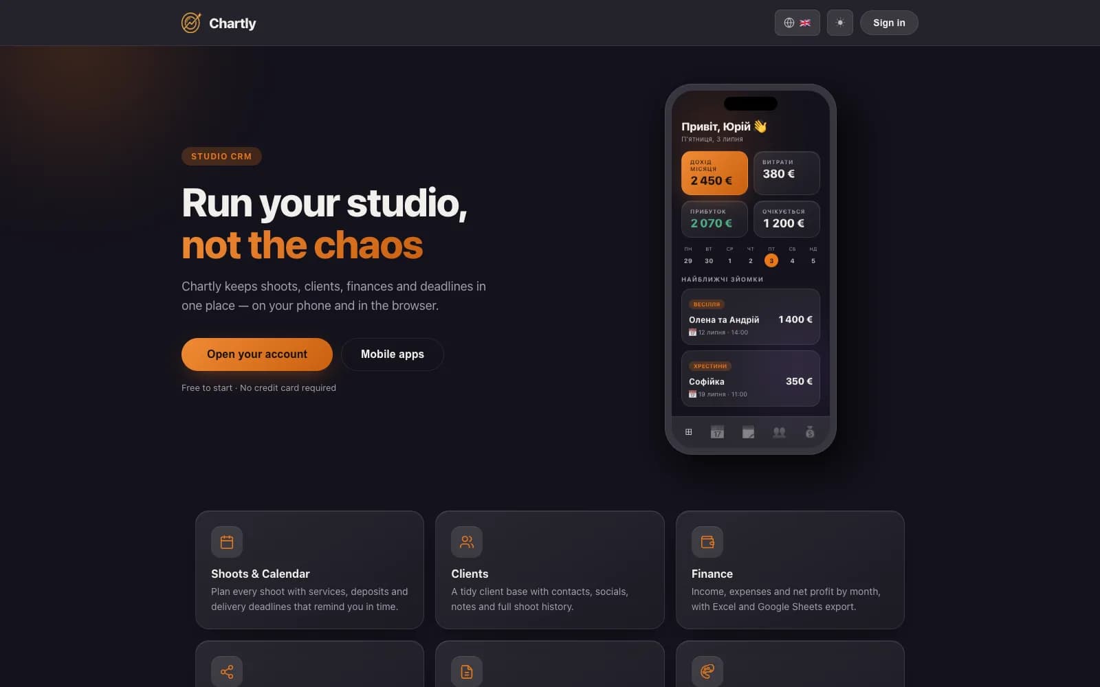 Chartly — Gestionale per fotografi e videomaker, su web e mobile.