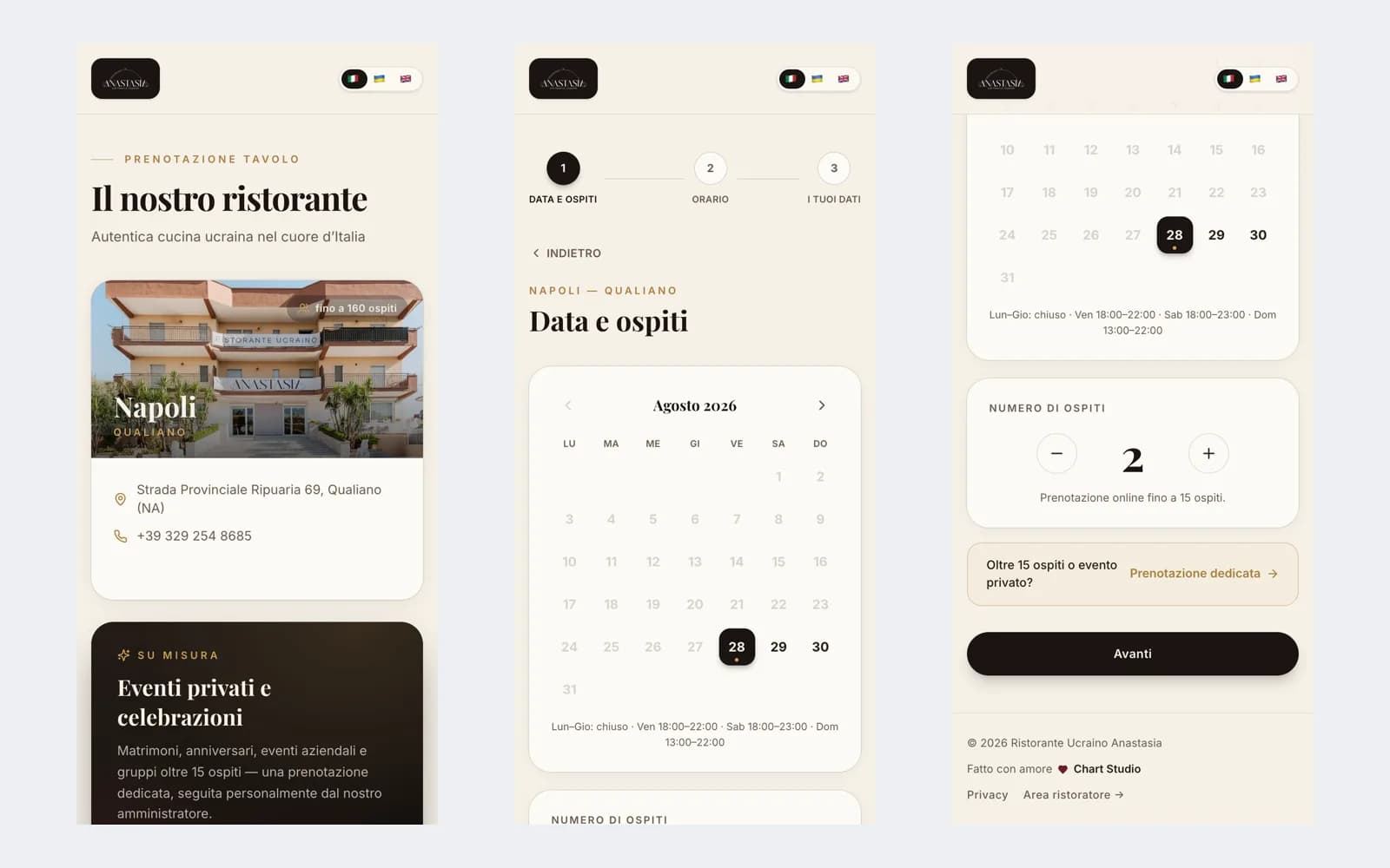 Prenotazioni Anastasia — flusso mobile in tre schermate