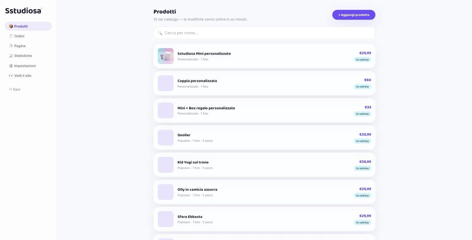 Pannello Sstudiosa — gestione prodotti del catalogo