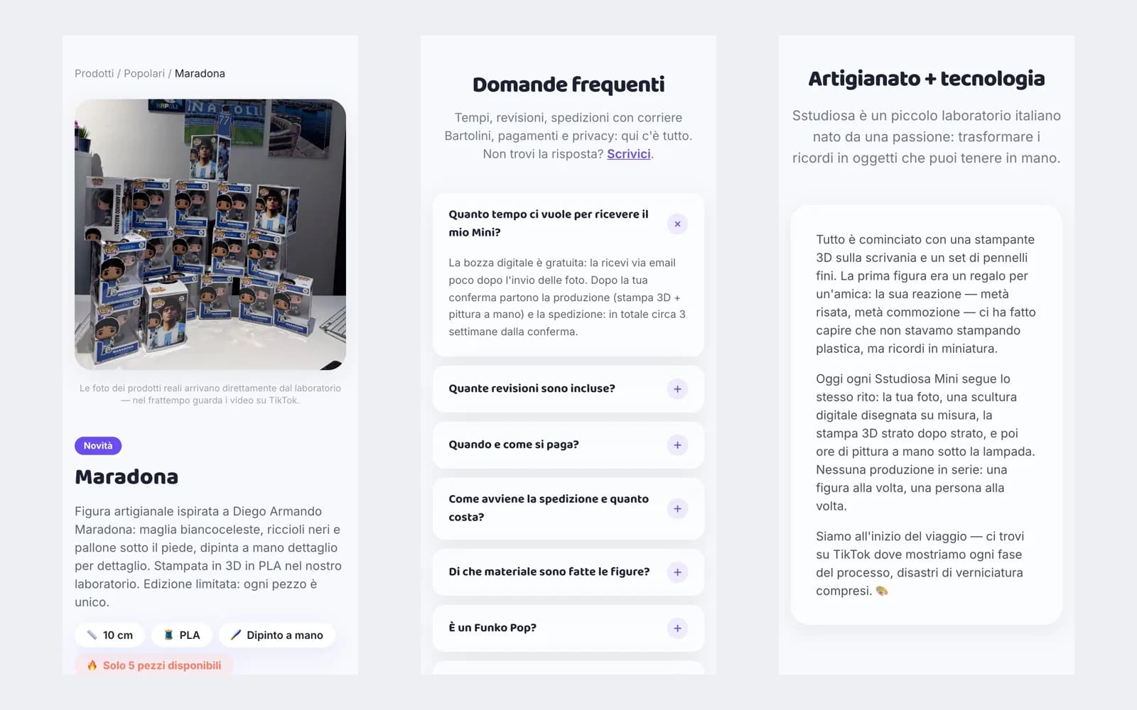 Sstudiosa — pagine interne mobile: scheda prodotto, FAQ, chi siamo