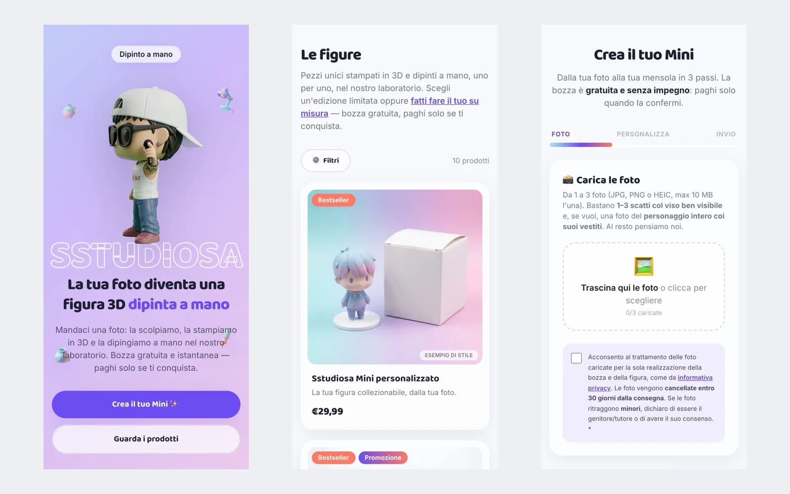 Sstudiosa — versione mobile: home, catalogo e wizard